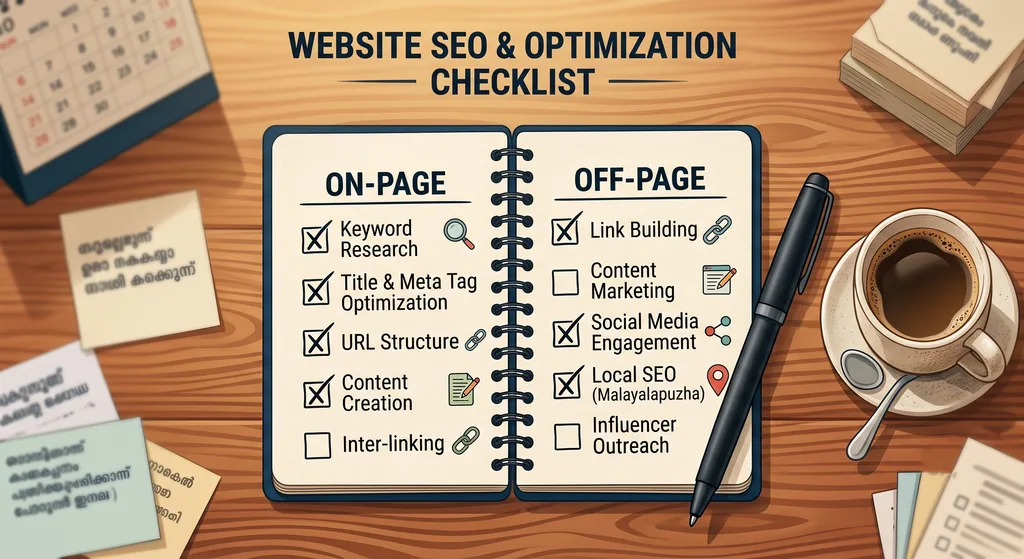  A flat-lay style infographic style photo showing a checklist notepad with 'on-page' and 'off-page' written as two columns, a pen, and a coffee cup on a wooden desk