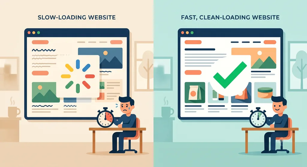  A split-screen illustration showing a slow-loading website speed with a loading spinner on one side and a fast, clean-loading website with a green checkmark on the other, minimal flat design style
