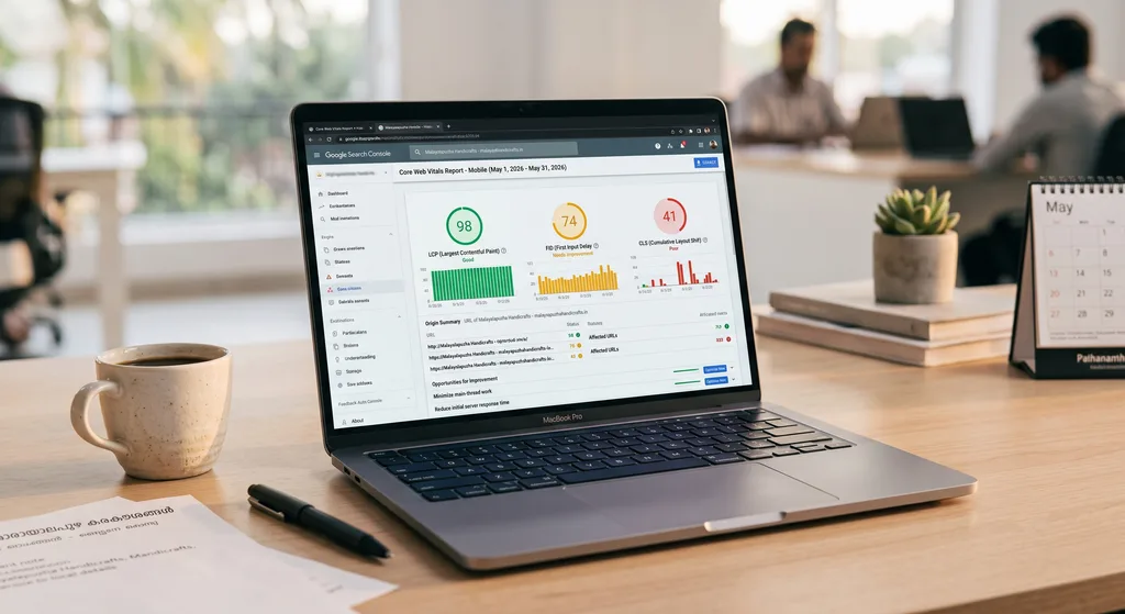 A laptop screen displaying a Core Web Vitals report dashboard with green, yellow, and red score indicators, clean modern office desk background