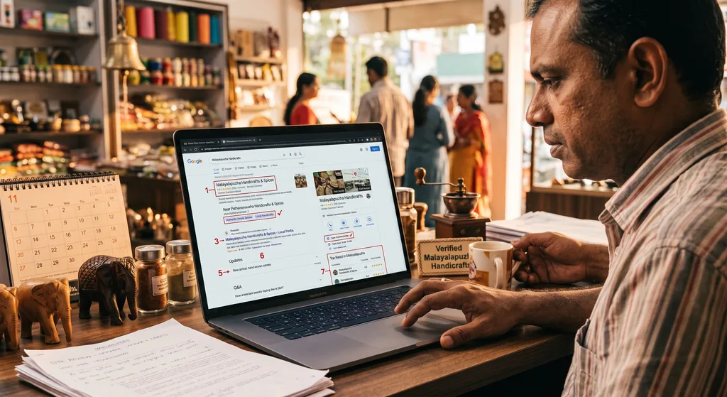 Pathanamthitta shop owner reviewing Google Business Profile to fix digital marketing mistakes