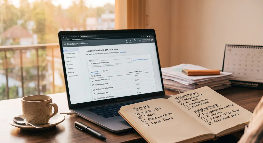 Keyword Research for Local Business A local business owner sitting at a desk with a laptop open to Google Keyword Planner, notebook beside them with handwritten lists of services and neighborhood names, warm natural lighting, realistic photo style