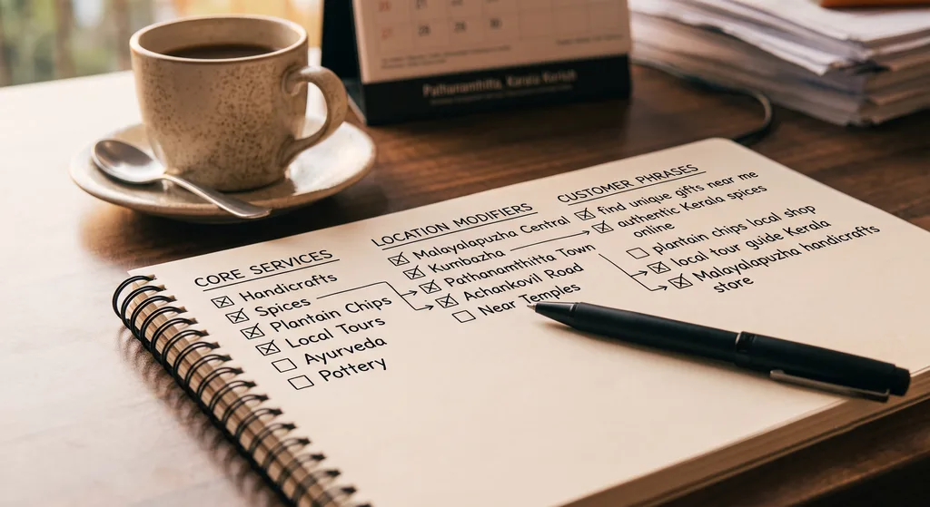 Close-up of a notebook page with columns labeled 'Core Services,' 'Location Modifiers,' and 'Customer Phrases,' pen resting on top, coffee cup nearby, desk setting, realistic photo style Close-up of a notebook page with columns labeled 'Core Services,' 'Location Modifiers,' and 'Customer Phrases,' pen resting on top, coffee cup nearby, desk setting, realistic photo style
