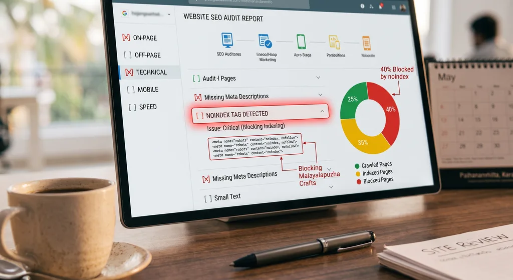 SEO audit screen showing a noindex tag Digital Marketing Mistakes that blocked a business from search results