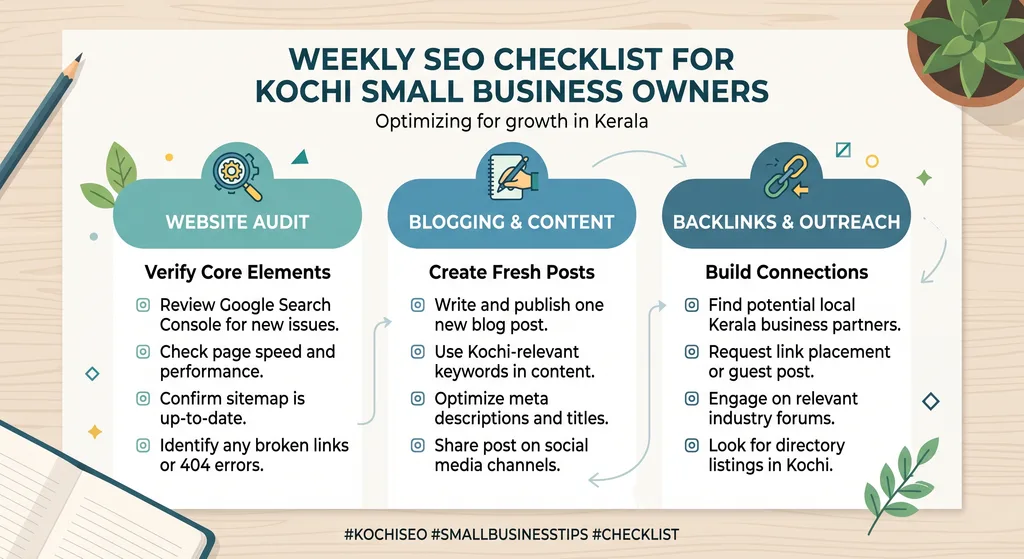 Weekly SEO checklist for Kochi small business owners covering website audit and blogging