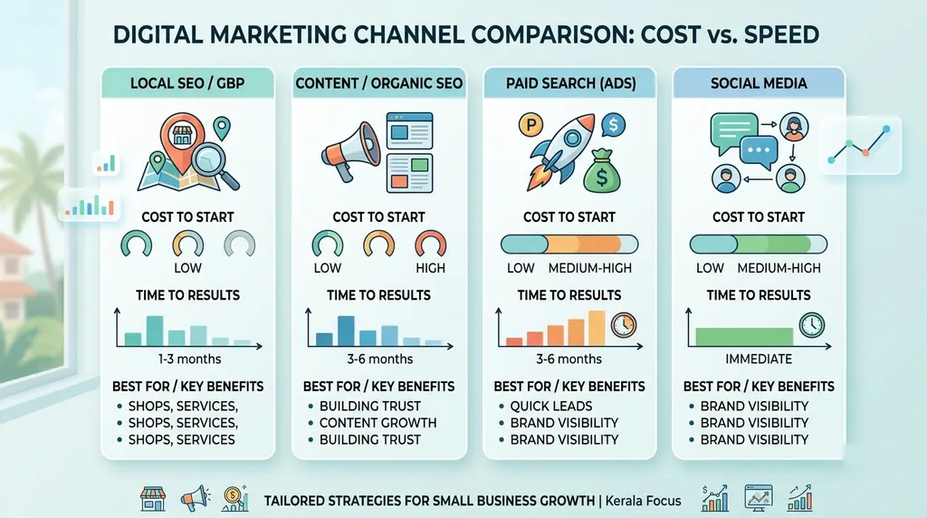 comparison of digital marketing channels for small business by cost and speed
