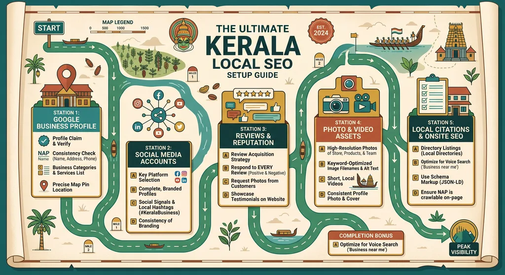 Illustrated Kerala local SEO roadmap infographic outlining steps for Google Business Profile, social profiles, reviews, visual assets, and NAP citations.