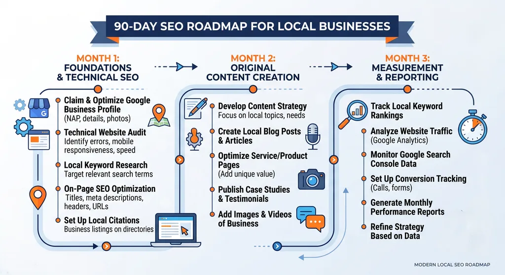 A 90-day SEO roadmap showing technical foundations, content creation, and measurement steps for local businesses in 2027