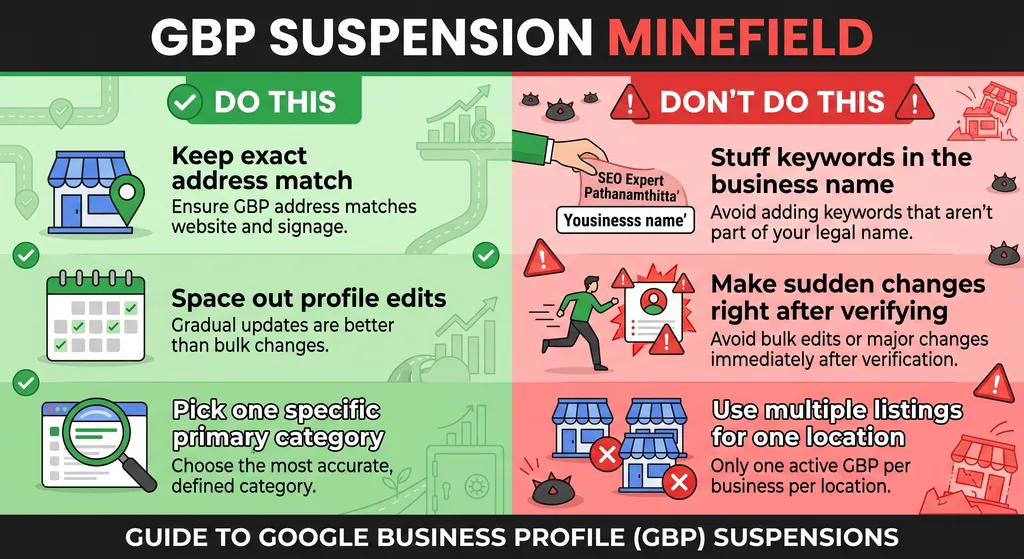 Comparison chart showing safe Google Business Profile practices versus risky actions that trigger instant listing suspensions