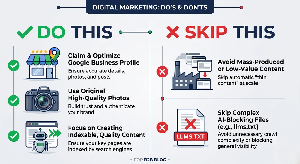 Alt Text: "Comparison checklist showing Google-recommended SEO practices versus outdated tactics to skip in 2027.