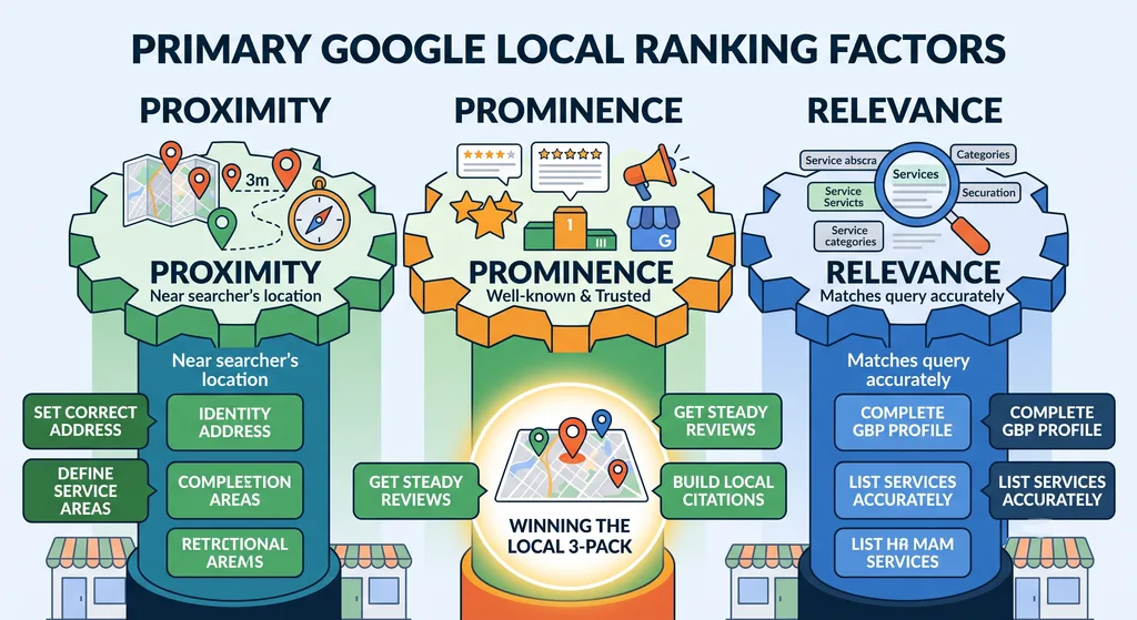 Infographic detailing Proximity, Prominence, and Relevance as the three primary Google local ranking factors, with action items for each pillar.