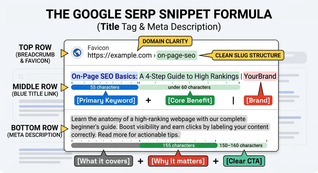 Anatomy of a Google search snippet showing the formula and character limits for optimizing title tags and meta descriptions for high click-through rates.