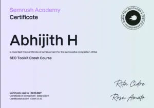 Semrush SEO Toolkit Certificate - Abhijith H Digital Marketer in Pathanamthitta